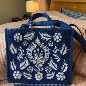 Navy Embroidered Floral Shoulder Bag